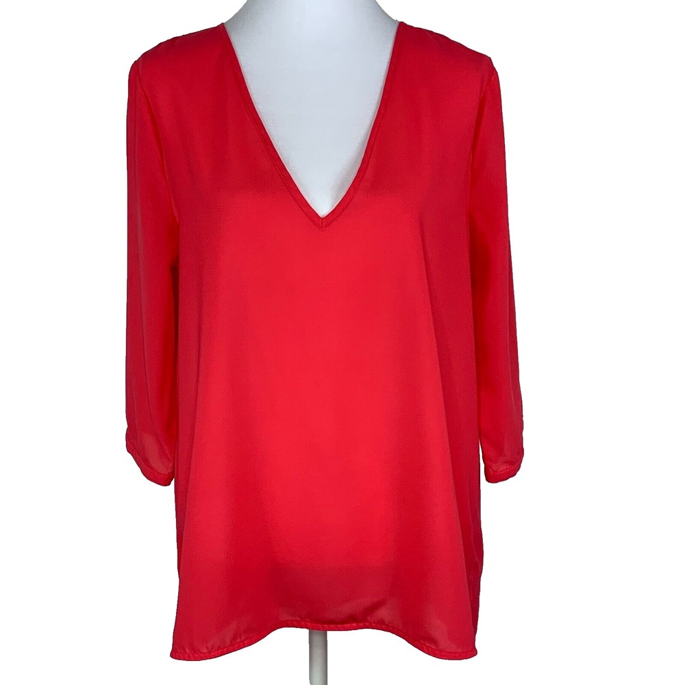 H&M Womens Size 10 Top Blouse V Neck Light Sheer Workwear Casual Red Coral